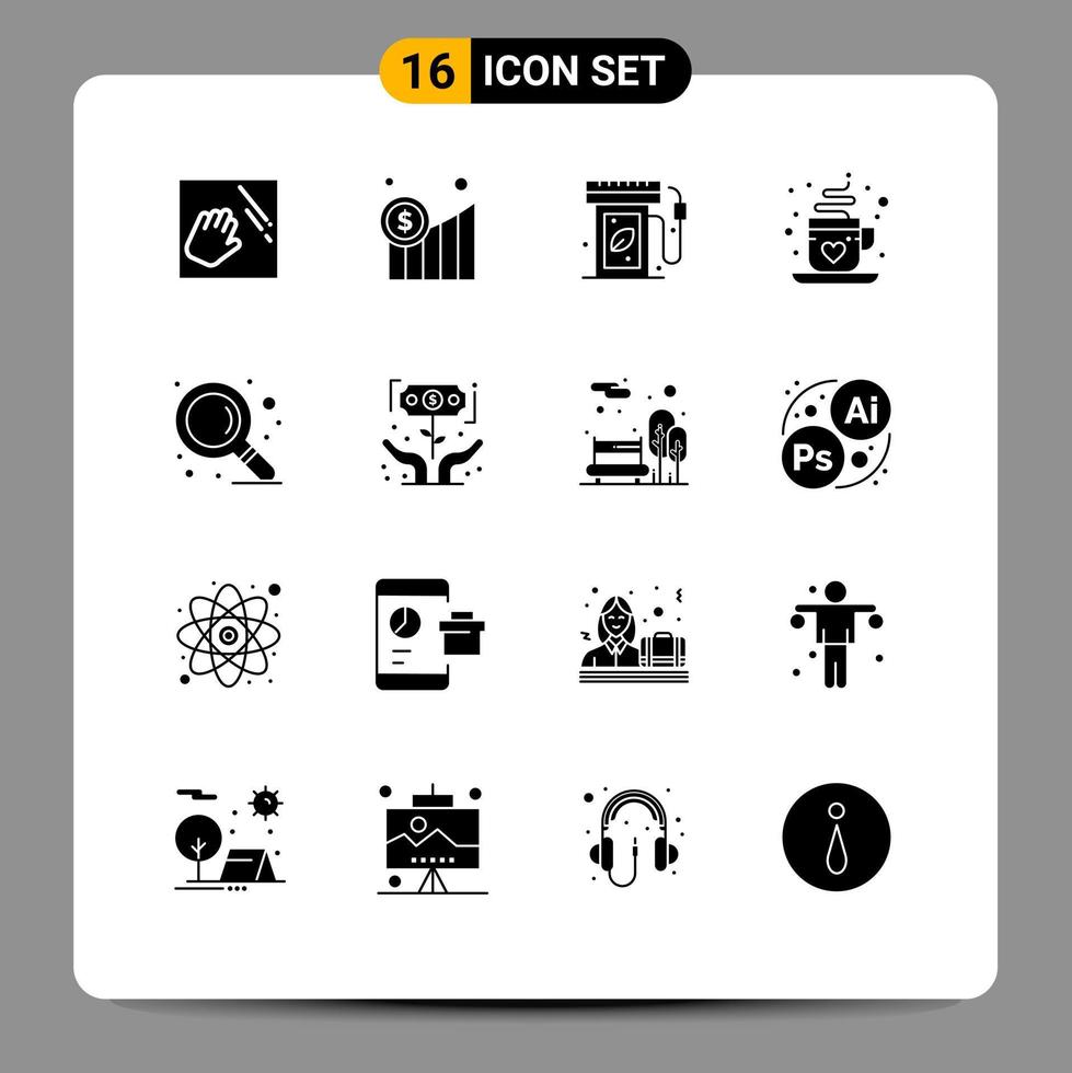 pack de 16 signes et symboles de glyphes solides modernes pour les supports d'impression Web tels que la recherche de thé jour de la terre amour café éléments de conception vectoriels modifiables vecteur