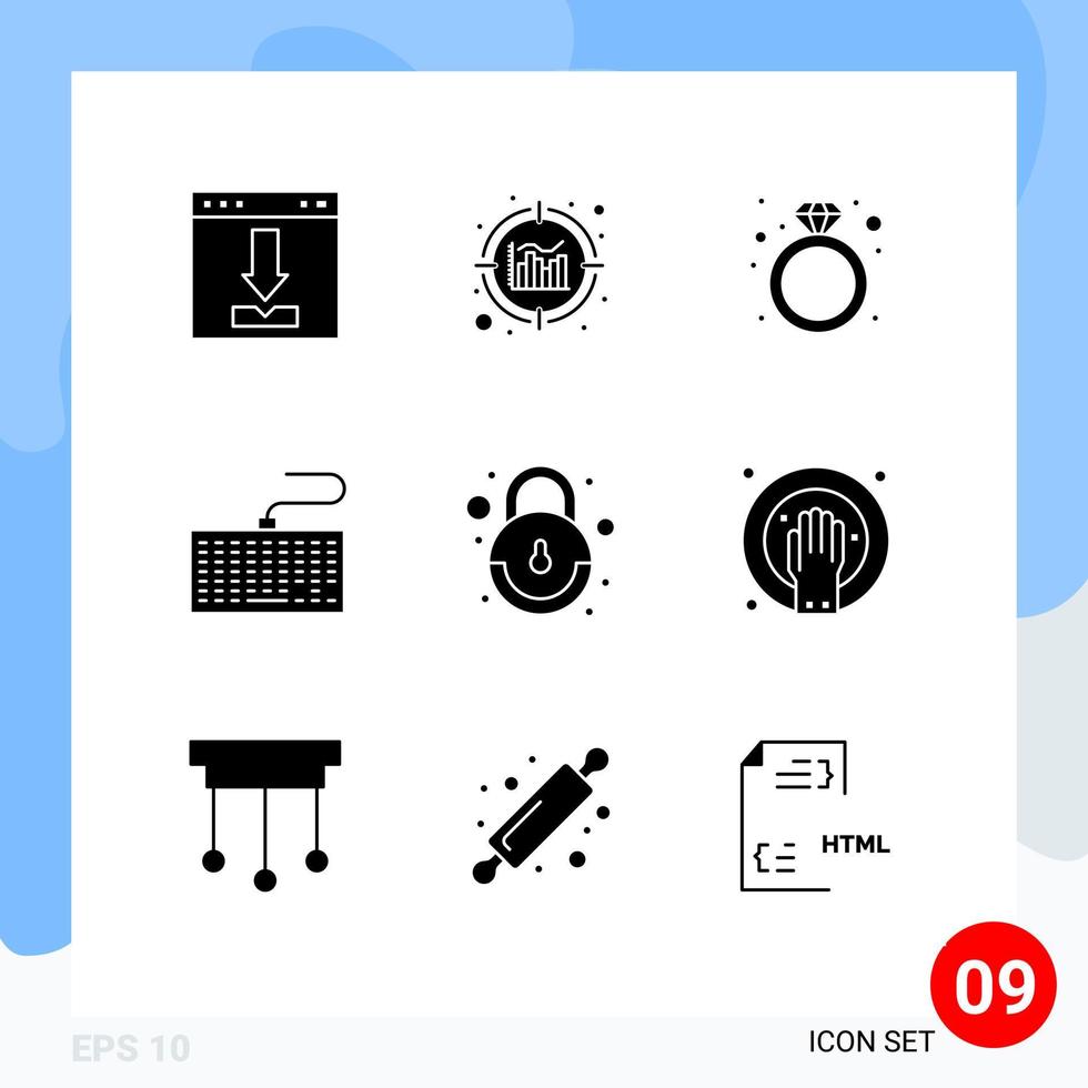 pack de 9 signes et symboles de glyphes solides modernes pour les supports d'impression Web tels que les éléments de conception vectoriels modifiables de matériel de clés de diamant de type serrure vecteur