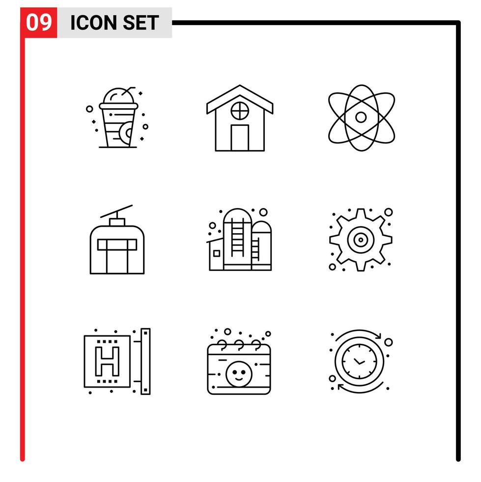 pack de 9 signes et symboles de contours modernes pour les supports d'impression Web tels que la physique des conteneurs de silo l'agriculture voyageant des éléments de conception vectoriels modifiables vecteur