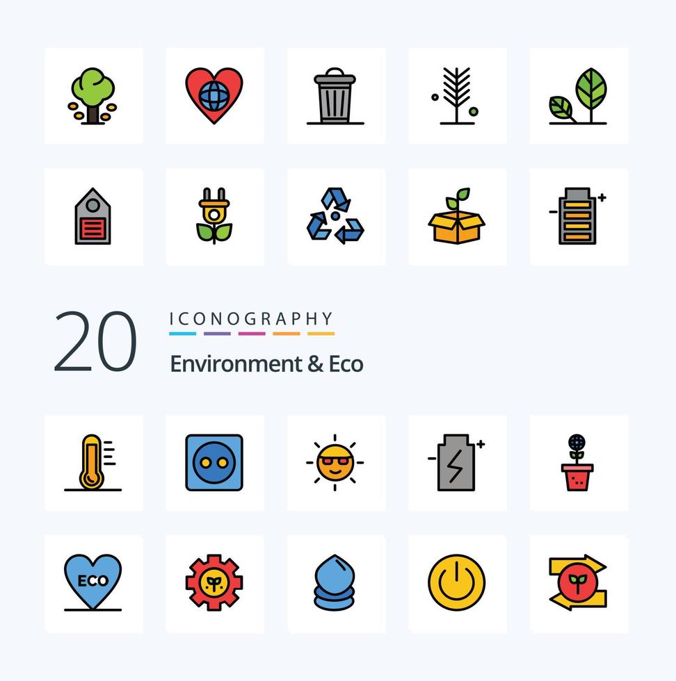 20 pack d'icônes de couleur remplies d'environnement et de lignes écologiques comme l'énergie eco power battery nature vecteur