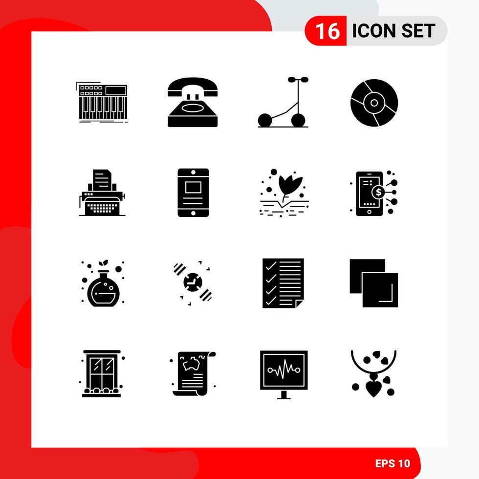 16 glyphes solides vectoriels thématiques et symboles modifiables du disque de machine à écrire contactez-nous dvd transport éléments de conception vectoriels modifiables vecteur