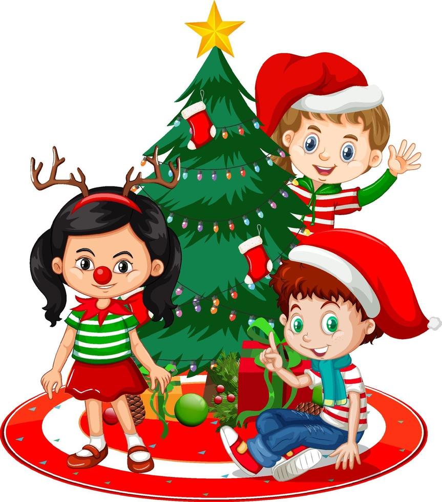 Les enfants portent le personnage de dessin animé de costume de Noël avec arbre de Noël sur fond blanc vecteur