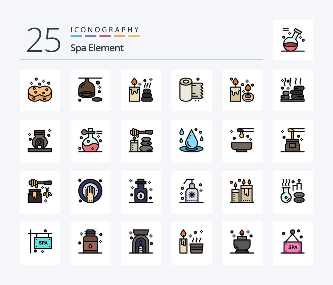 pack d'icônes remplies de 25 lignes d'éléments de spa, y compris l'aromathérapie. arôme. spa. tissu. papier vecteur