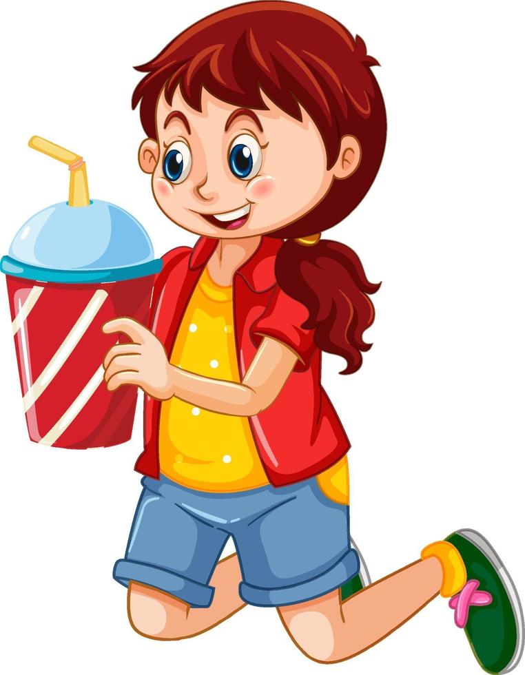 Une jolie fille tenant le personnage de dessin animé de tasse de boisson isolé sur fond blanc vecteur