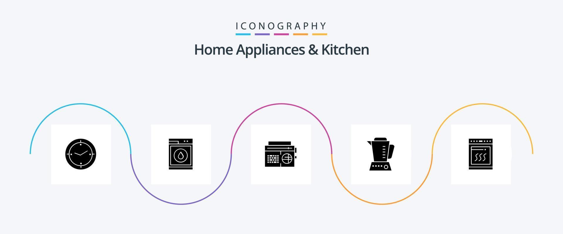 appareils électroménagers et pack d'icônes de glyphe de cuisine 5, y compris la cuisine. médias. la lessive. l'audio. radio vecteur