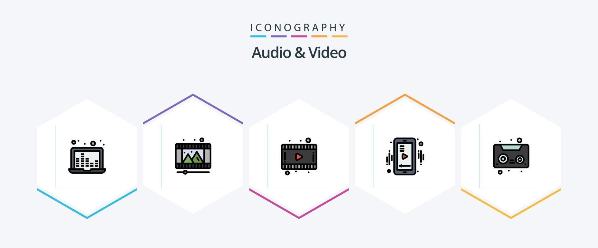 pack d'icônes audio et vidéo 25 fillline comprenant une cassette. cassette audio. film. vidéo. mobile vecteur
