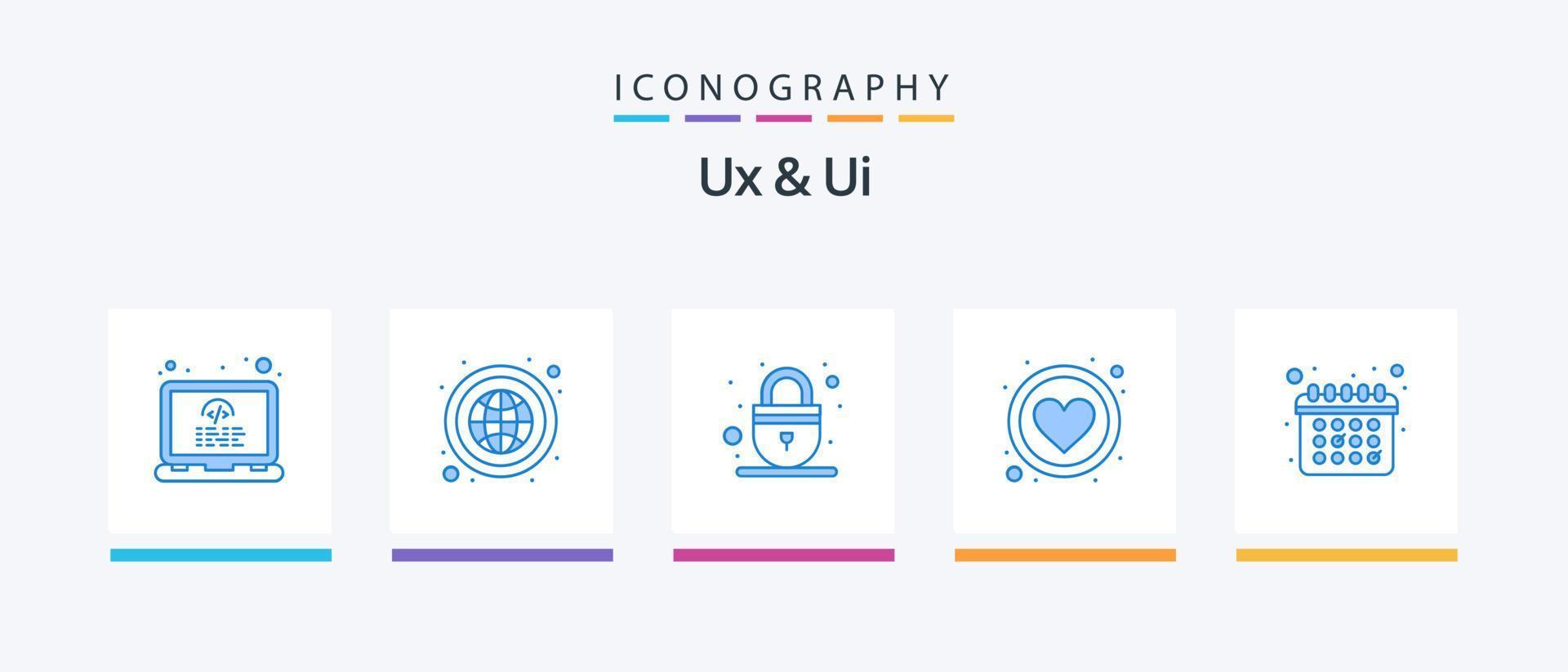 pack d'icônes ux et ui bleu 5, y compris le calendrier. comme. serrure. cœur. préféré. conception d'icônes créatives vecteur