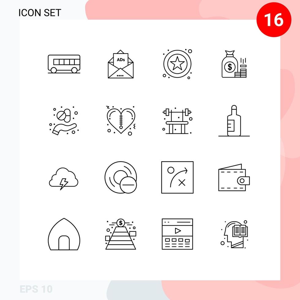 ensemble de 16 symboles d'icônes d'interface utilisateur modernes signes de richesse or sac de finance en ligne éléments de conception vectoriels modifiables vecteur