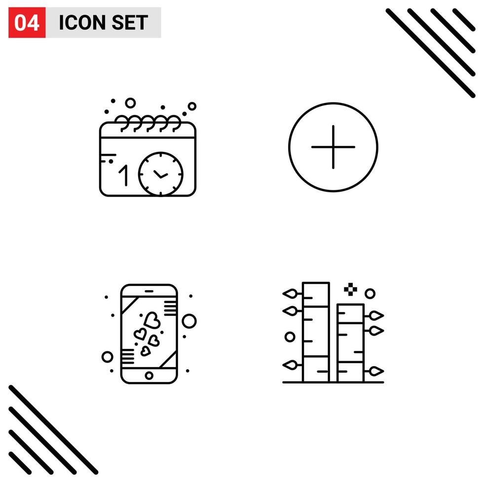 ensemble moderne de 4 pictogrammes de couleurs plates remplies d'éléments de conception vectoriels modifiables en bambou de contact de montre mobile de calendrier vecteur