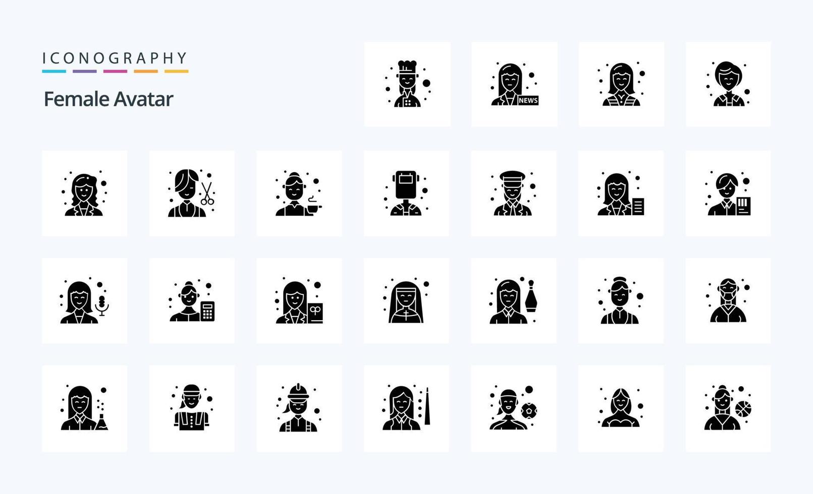 25 pack d'icônes de glyphe solide avatar féminin vecteur