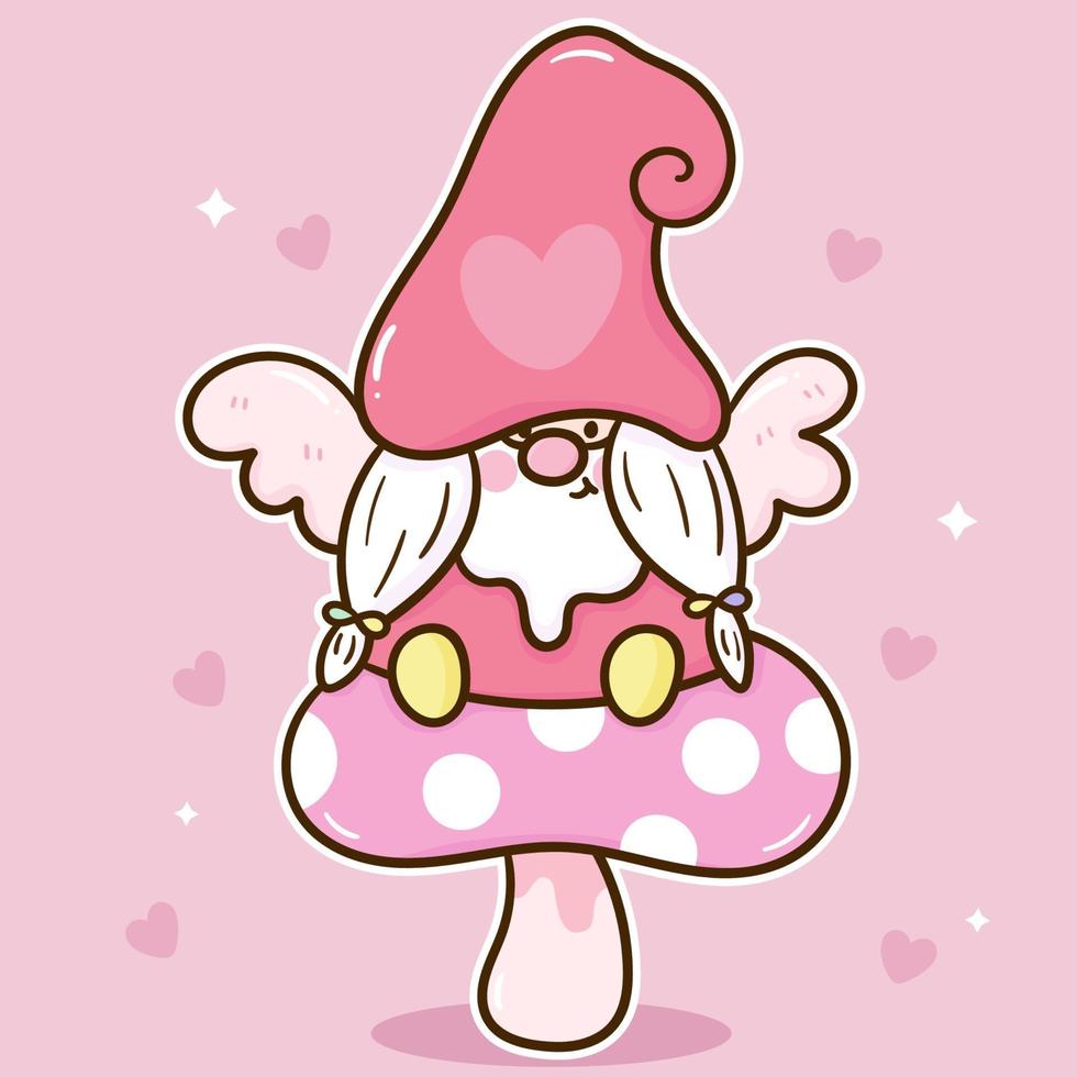 vecteur de gnome mignon assis sur une illustration de dessin animé kawaii champignon doux pour la Saint Valentin