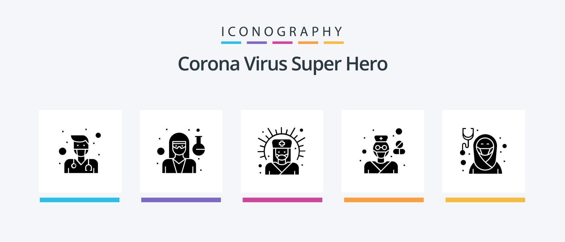 pack d'icônes glyphe 5 super héros du virus corona comprenant une fille. pharmacie. aide médicale. pharmacien. santé. conception d'icônes créatives vecteur