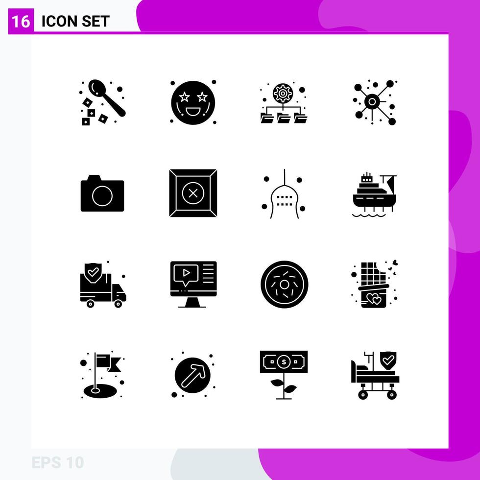 interface mobile glyphe solide ensemble de 16 pictogrammes d'éléments de conception vectorielle modifiables de réseau de connexion de base de données de caméra photo vecteur