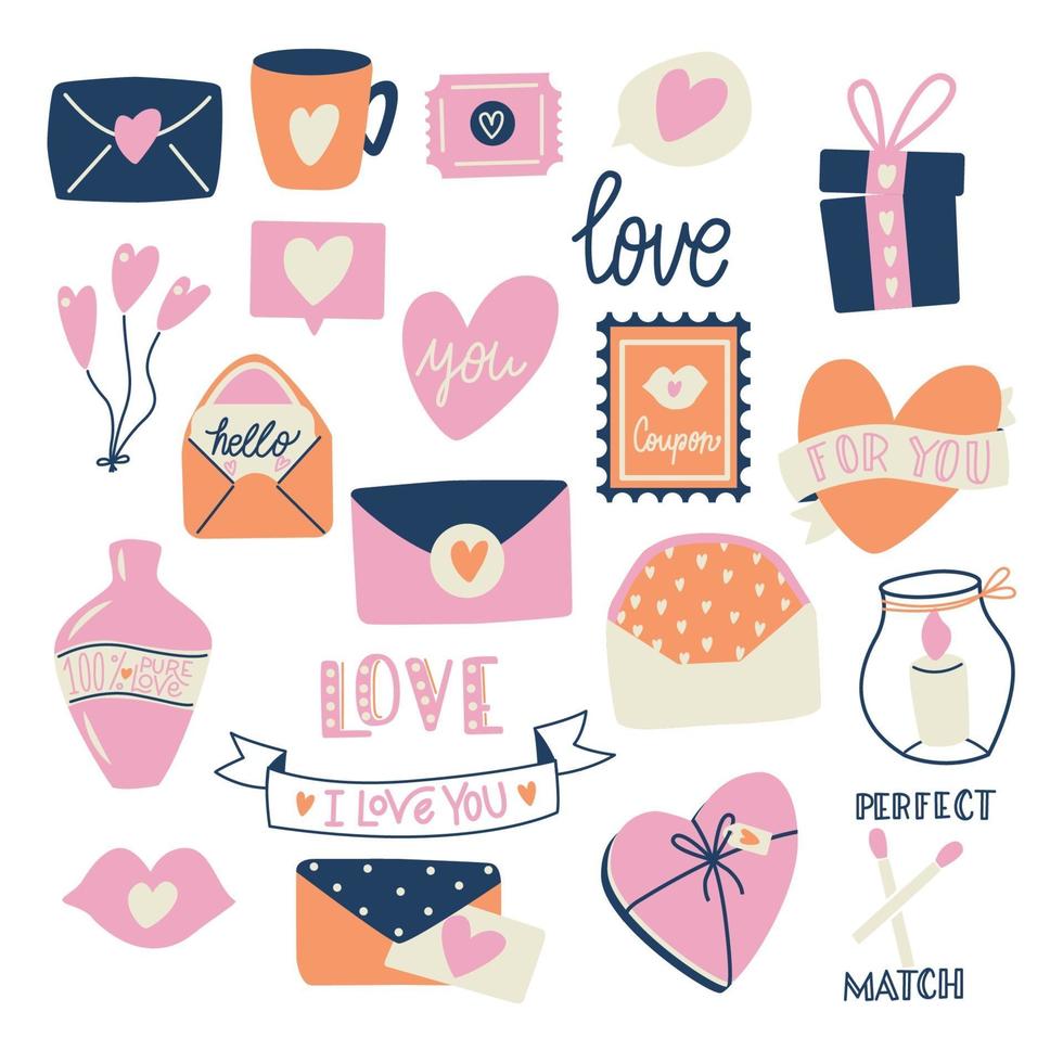 grande collection d'objets d'amour et de symboles pour la Saint Valentin heureuse. illustration plate colorée. vecteur