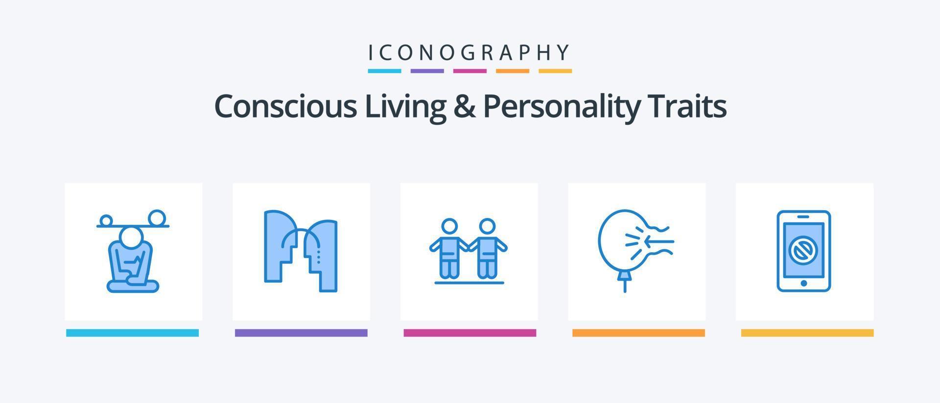 pack d'icônes bleues de 5 traits de vie et de personnalité conscients, y compris le stress. souffler. transfert. ballon. groupe. conception d'icônes créatives vecteur