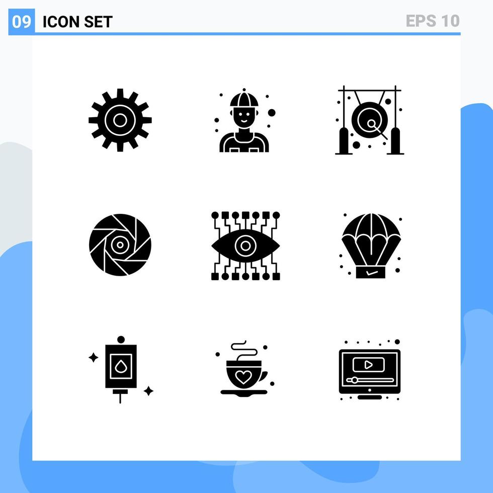 9 glyphes solides vectoriels thématiques et symboles modifiables d'éléments de conception vectoriels modifiables en métal de divertissement asiatique de film oculaire vecteur