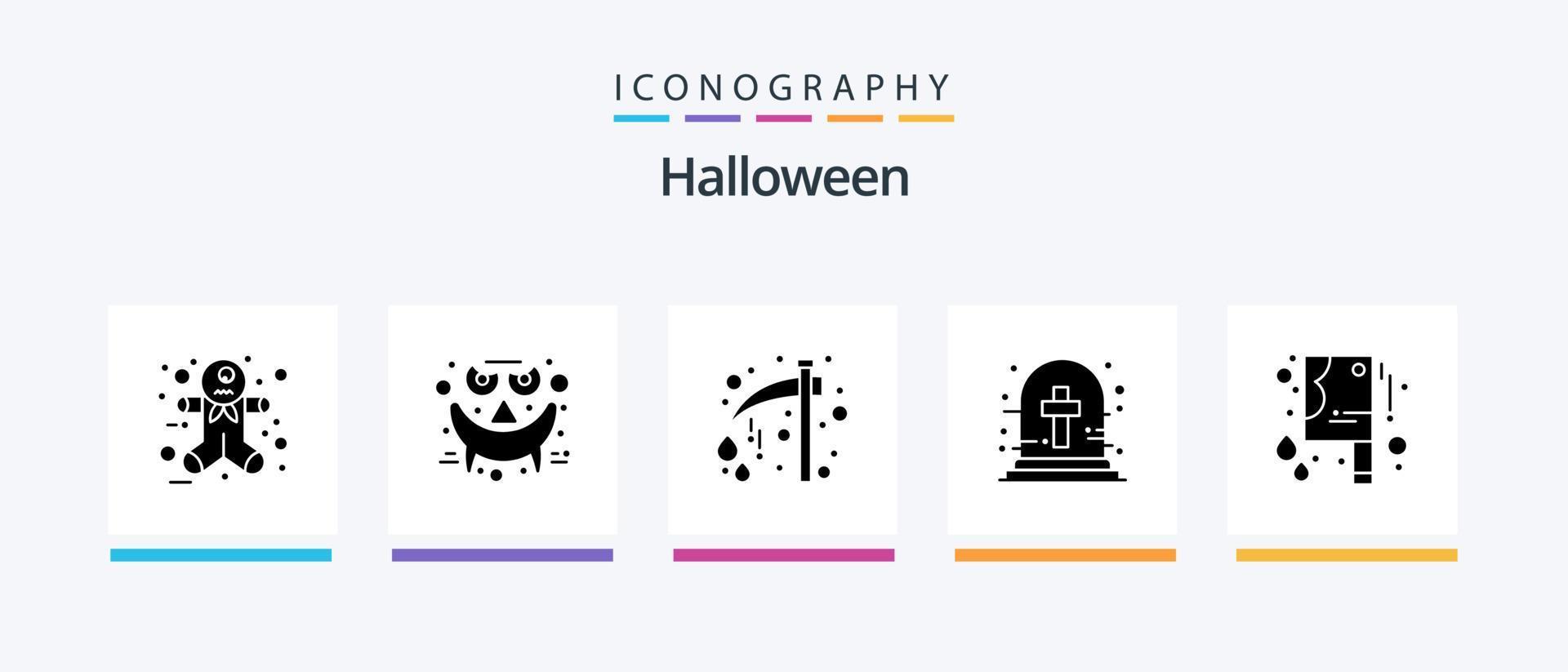 pack d'icônes halloween glyph 5 comprenant un couteau sanglant d'halloween. tombeau. fête. croix de cimetière d'halloween. croix de cimetière. conception d'icônes créatives vecteur