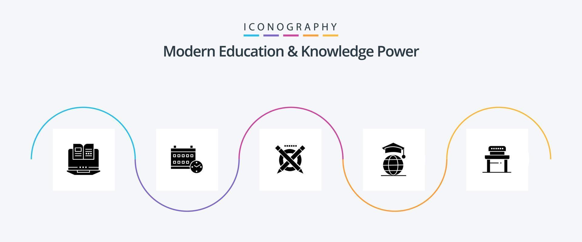 pack d'icônes glyphe 5 de l'éducation et de la connaissance modernes, y compris l'étudiant. l'obtention du diplôme. crayon. en ligne. globe vecteur