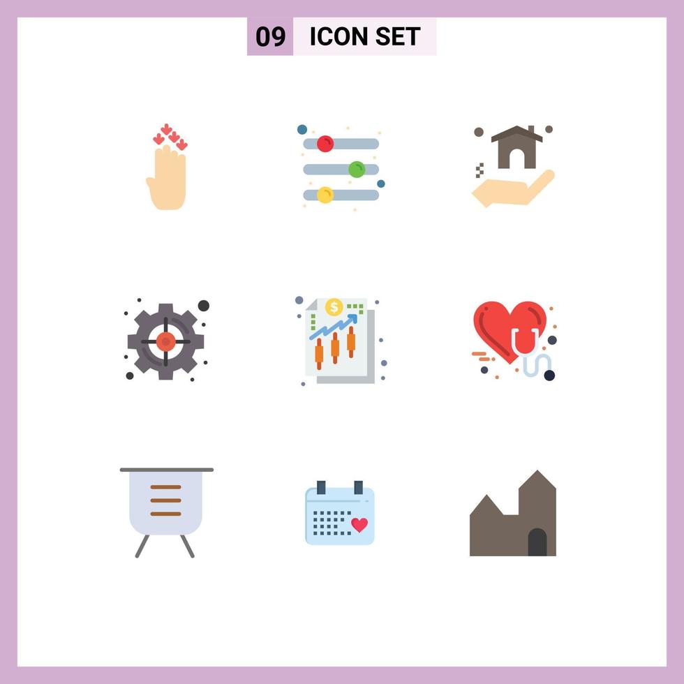 interface mobile couleur plate ensemble de 9 pictogrammes d'analyse curseur stratégique définir objectif éléments de conception vectoriels modifiables vecteur