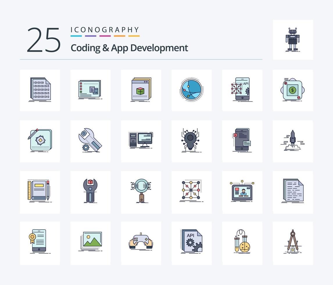 codage et développement d'applications pack d'icônes rempli de 25 lignes, y compris la connexion. mondial. os. programme. application vecteur