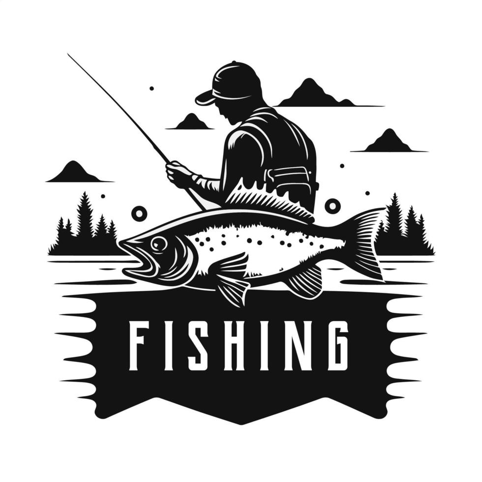 poisson de pêche dans l'eau modèle de conception de logo vintage blanc et blanc vecteur