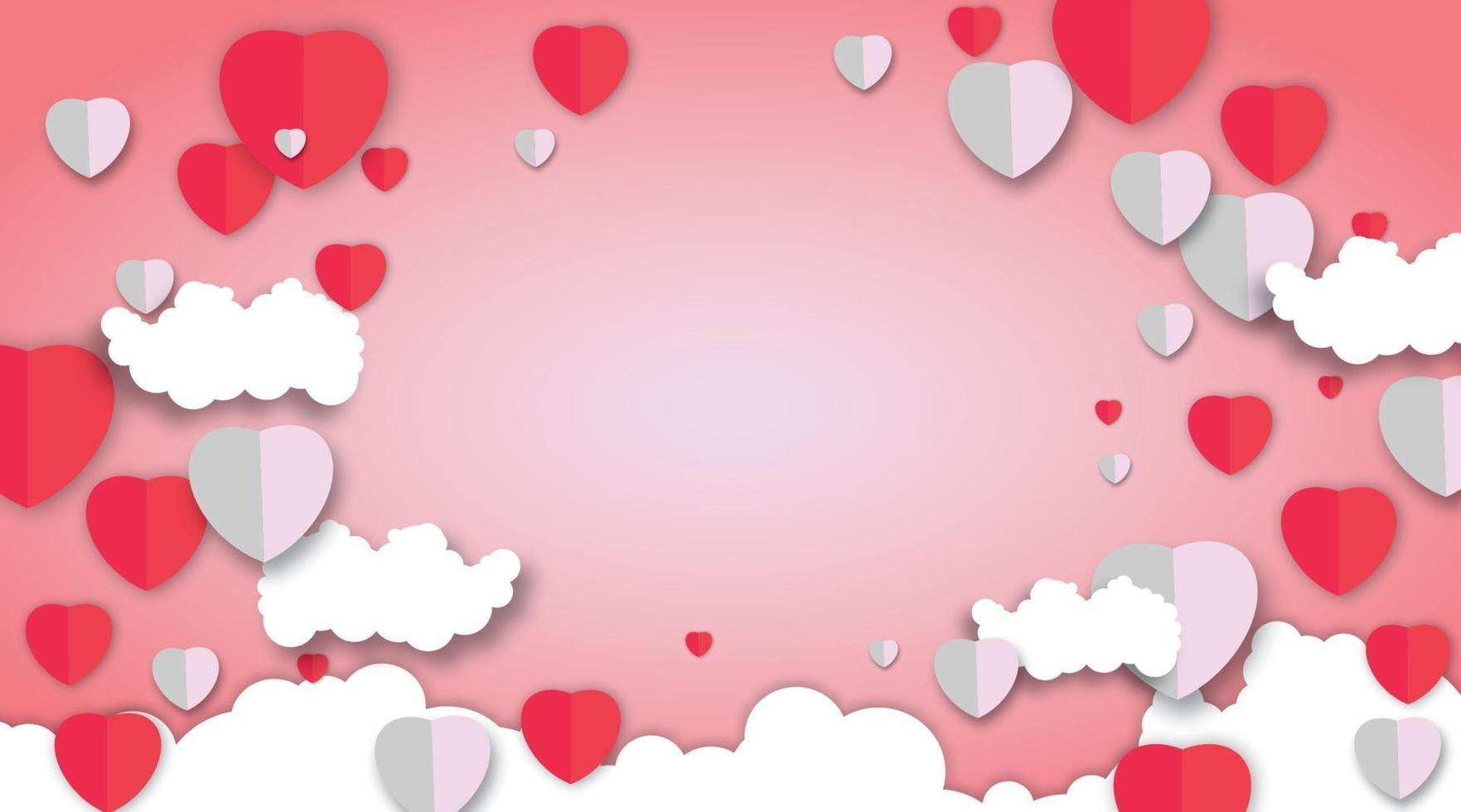 papier de vecteur Saint Valentin avec fond rose. conception de coeur et illustration vectorielle de nuage