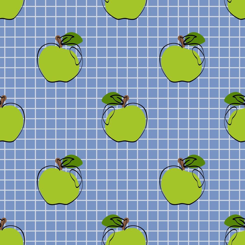 modèle sans couture avec pomme sur fond bleu. pomme de dessin en ligne continue. dessin au trait noir sur fond bleu avec des taches colorées. concept végétalien vecteur