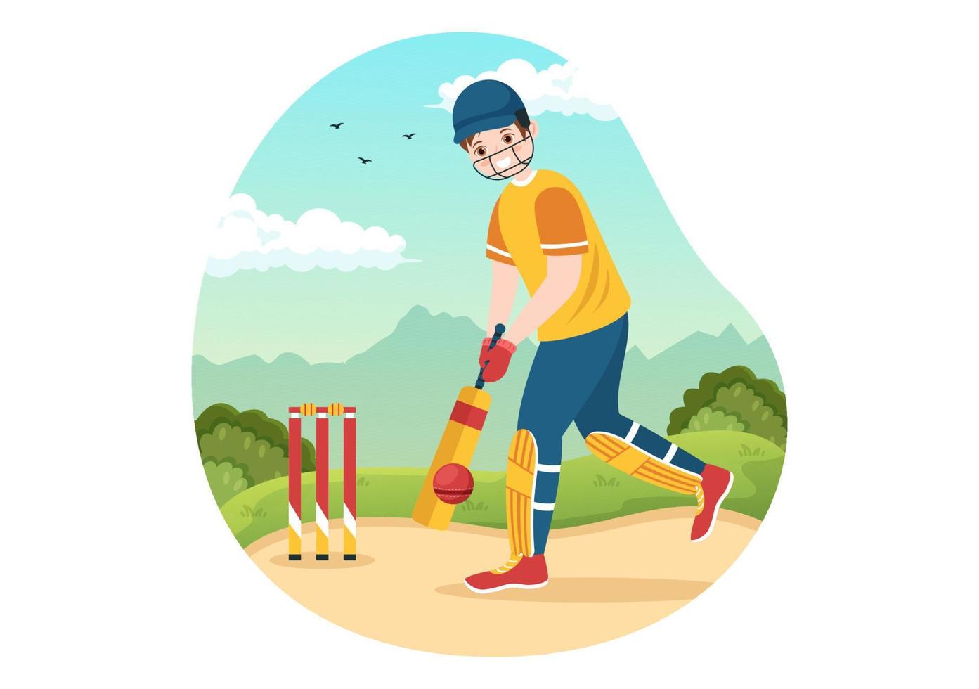 batteur jouant au cricket sport illustration avec batte et balles sur le terrain pour le championnat dans des modèles dessinés à la main de dessin animé plat vecteur