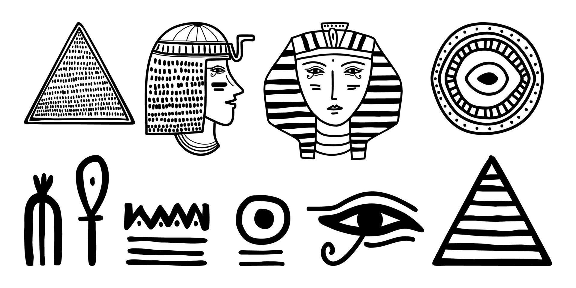 icône ethnique égyptienne art tribal. Egypte croquis dessin animé main silhouettes noires dessinées isolés sur fond blanc vecteur