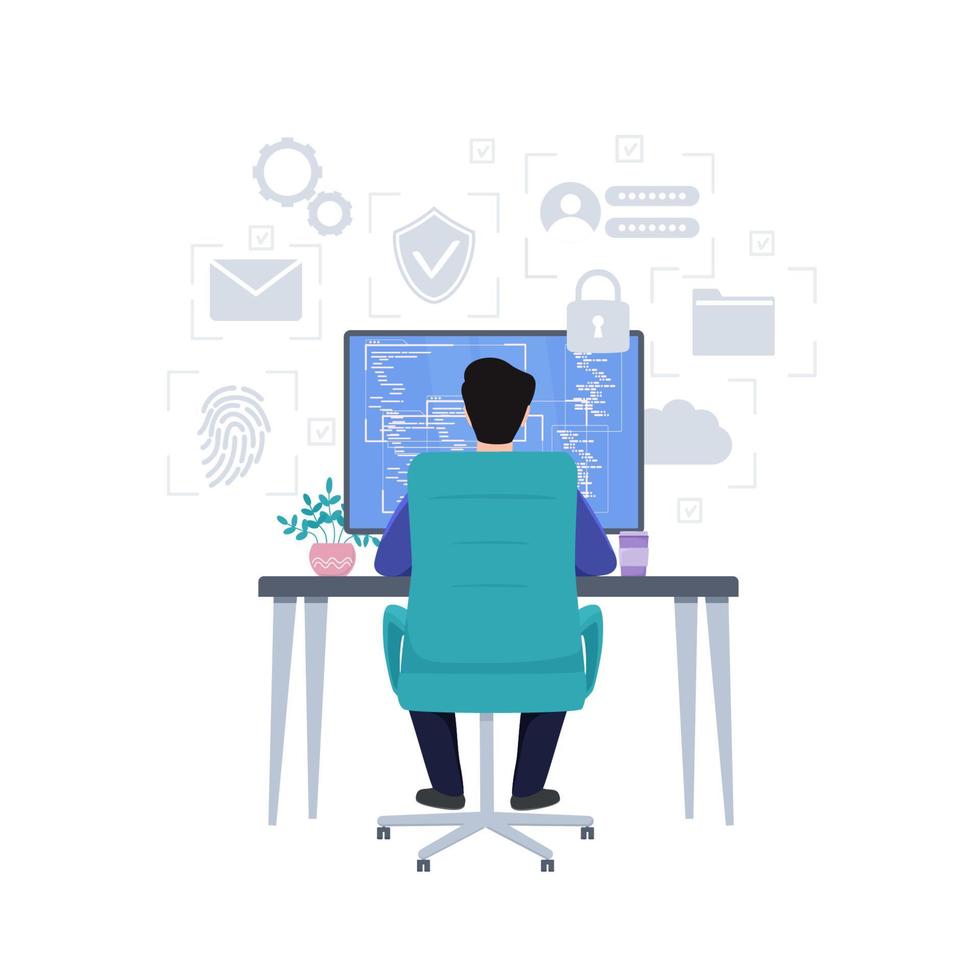 un homme est assis devant un ordinateur, vue de dos, travaille sur les moniteurs, activités analytiques. cybersécurité, commerçant, concept. vecteur