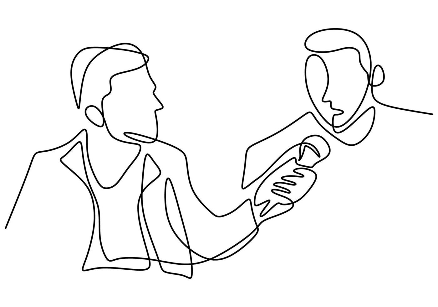 Un dessin au trait continu d'un homme tenant un microphone à la main et posant une question à un autre homme vecteur
