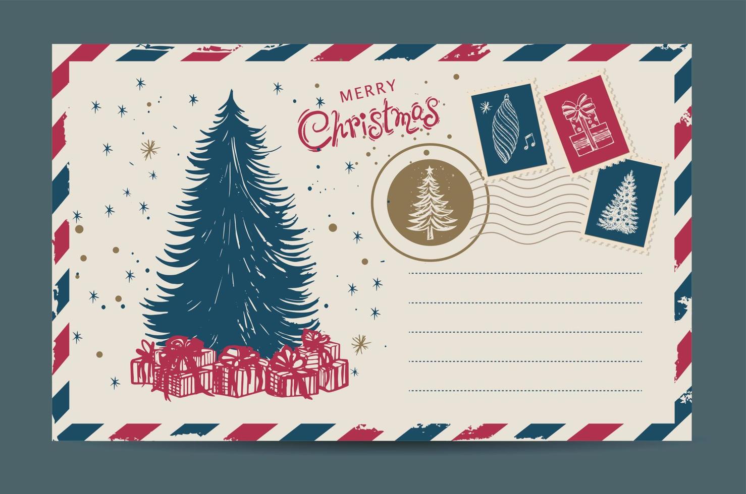 courrier de noël, carte postale, illustration dessinée à la main. vecteur