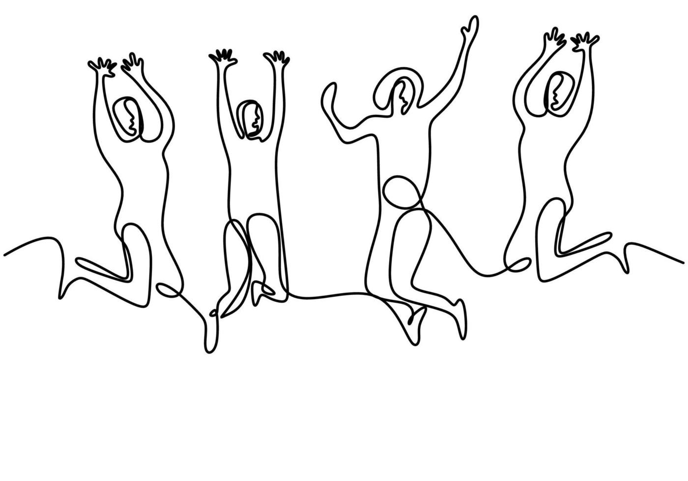 dessin au trait continu des membres de l'équipe heureux de sauter. quatre jeunes sautent ensemble pour exprimer leur bonheur. groupe de quatre personnes sautent et design minimaliste de la liberté. illustration vectorielle vecteur