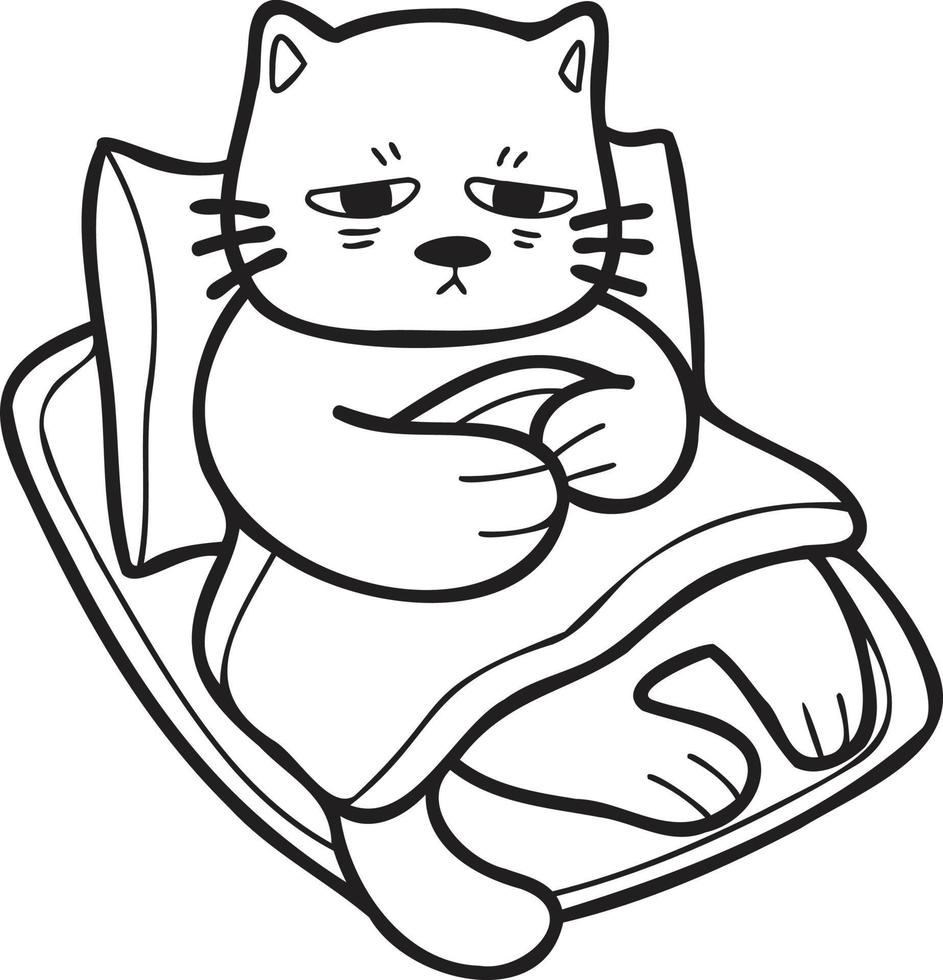 chat malade dessiné à la main dormant sur l'illustration d'un oreiller dans un style doodle vecteur