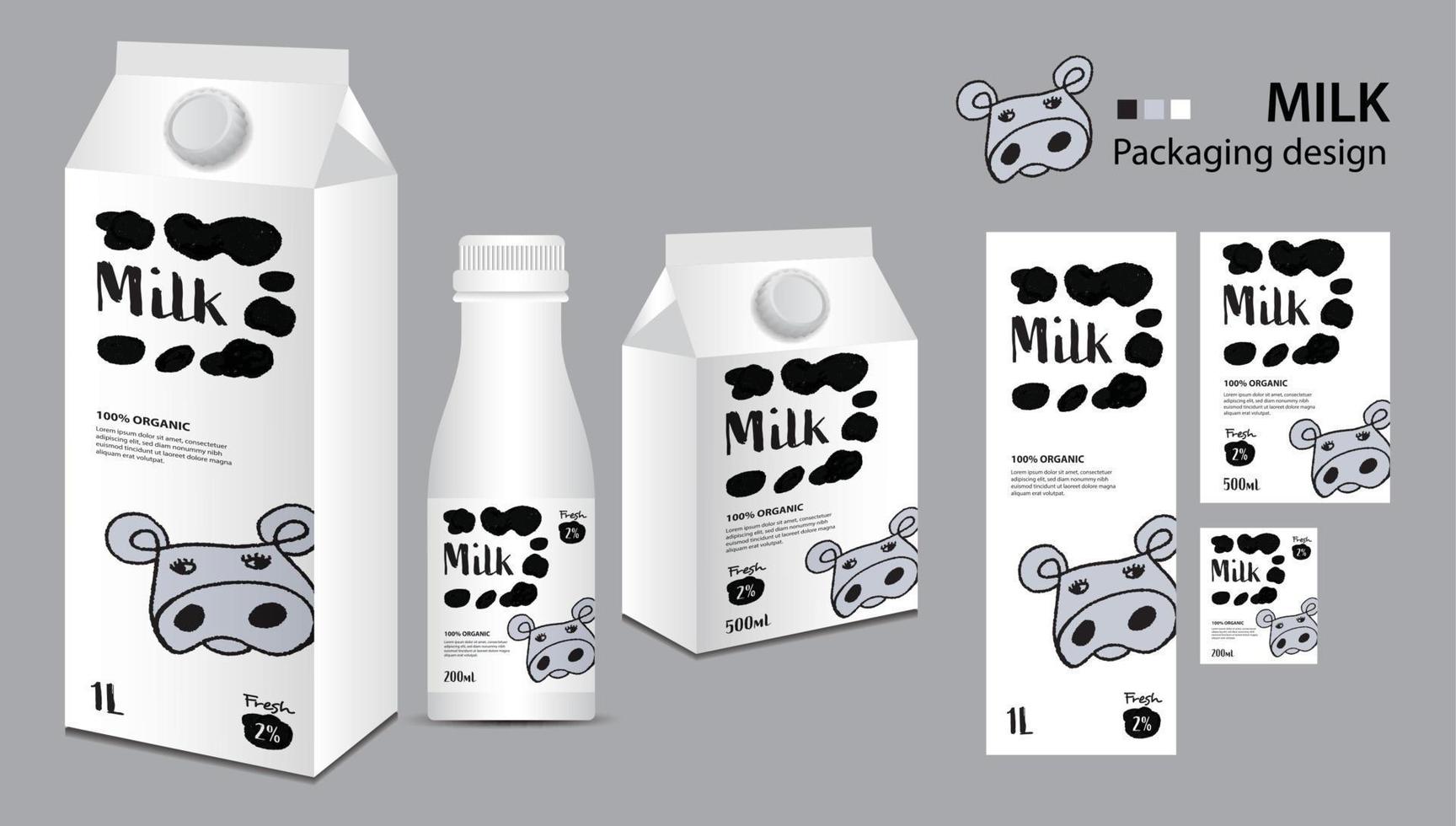 conception d'emballage de lait, conception d'étiquettes de lait, ensemble de boîtes de lait et vecteur de bouteille, illustration 3d réaliste de boîte, modèle d'emballage créatif, conception de produit, bannière alimentaire, illustration de dessin animé de logo de vache mignonne