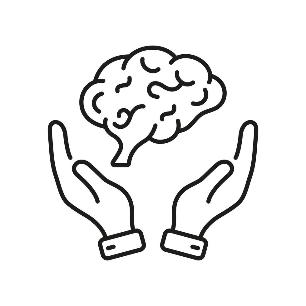 cerveau humain en vue latérale avec l'icône de la ligne des mains. neurologie, pictogramme de psychologie. éducation, logique, connaissances, mémoire, icône de contour de concept d'esprit. trait modifiable. illustration vectorielle isolée. vecteur