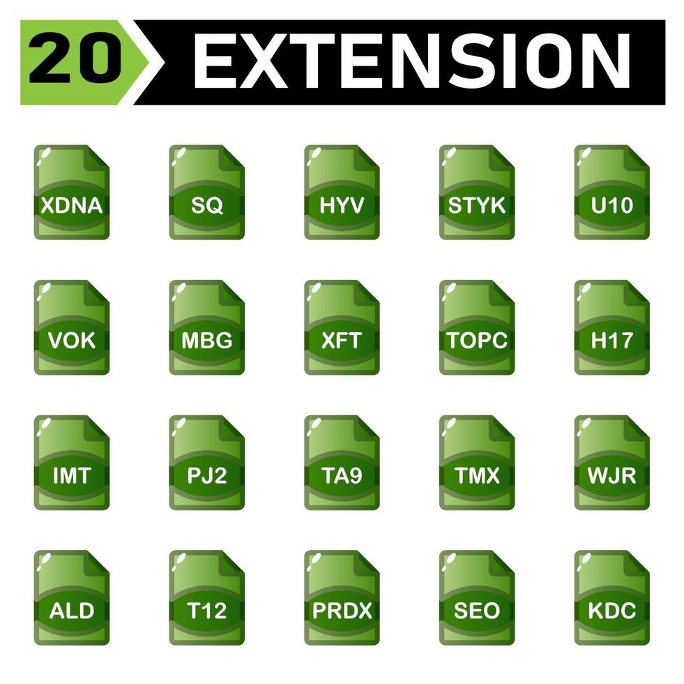 l'icône d'extension de fichier comprend xdna, sq, hyv, styk, u10, vok, mbg, xft, topc, h17, imt, pj2,ta9, tmx, wjr, ald, t12, prdx, seo, kdc, vecteur