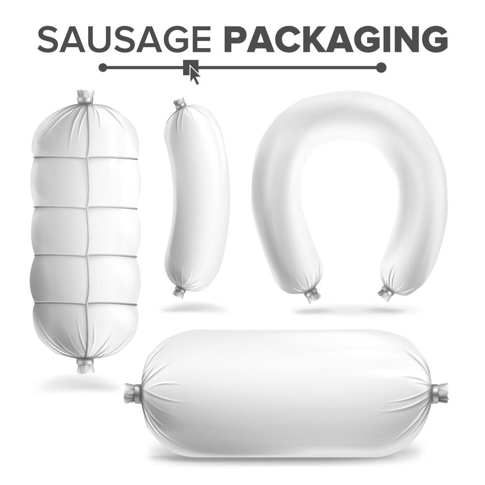 vecteur de jeu de paquets de saucisses. maquette blanche pour la conception de la marque. emballage en plastique propre pour les produits à base de viande. illustration isolée