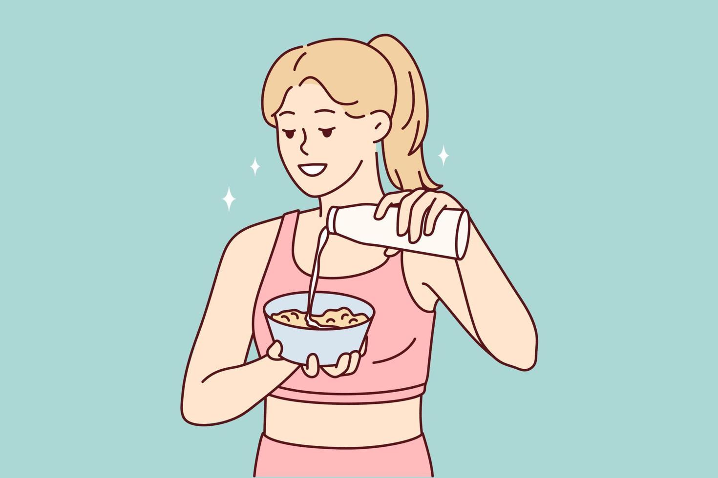 femme mince préparant un petit-déjeuner sain en ajoutant du lait à l'assiette après la forme physique ou le sport du matin. belle fille en vêtements de jogging prépare un délicieux déjeuner pour un régime protéiné. conception de vecteur plat