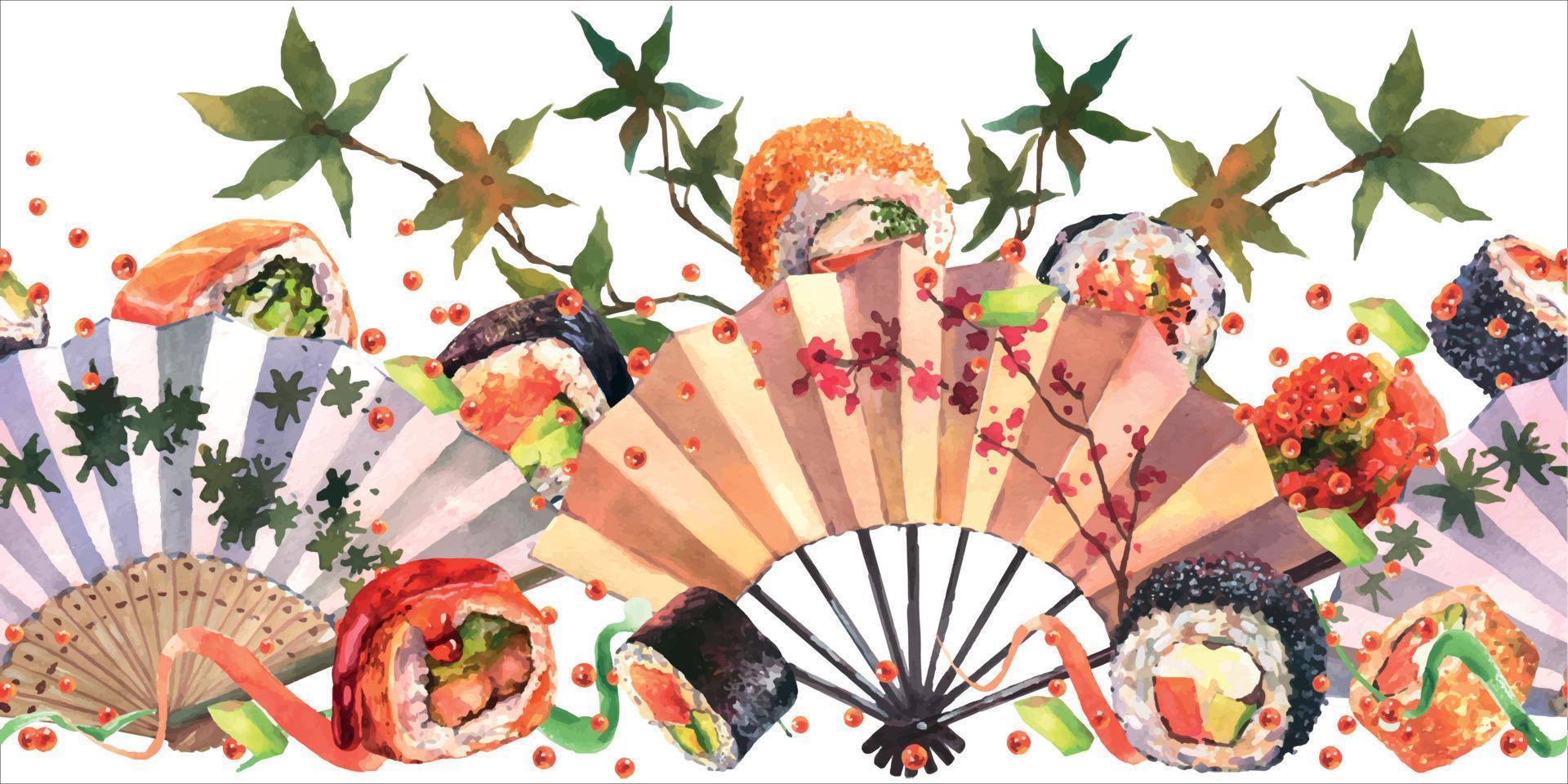 composition horizontale à l'aquarelle avec ventilateur japonais traditionnel, sushi, caviar et feuilles, isoler sur fond blanc. mise à plat, modèle de vue de dessus pour affiche ou carte vecteur
