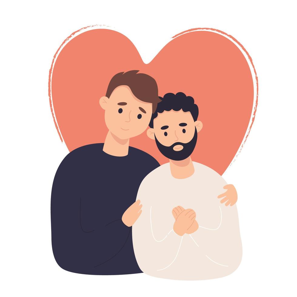 famille lgbt heureuse. couple d'amoureux gays. illustration vectorielle. carte de saint valentin de style dessin animé plat avec des homosexuels romantiques. vecteur