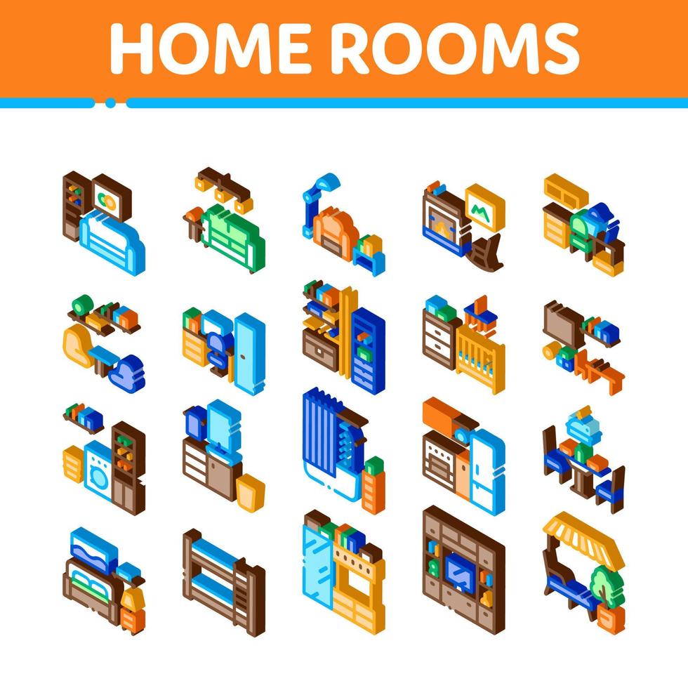 maison, chambres, meubles, isométrique, icônes, ensemble, vecteur