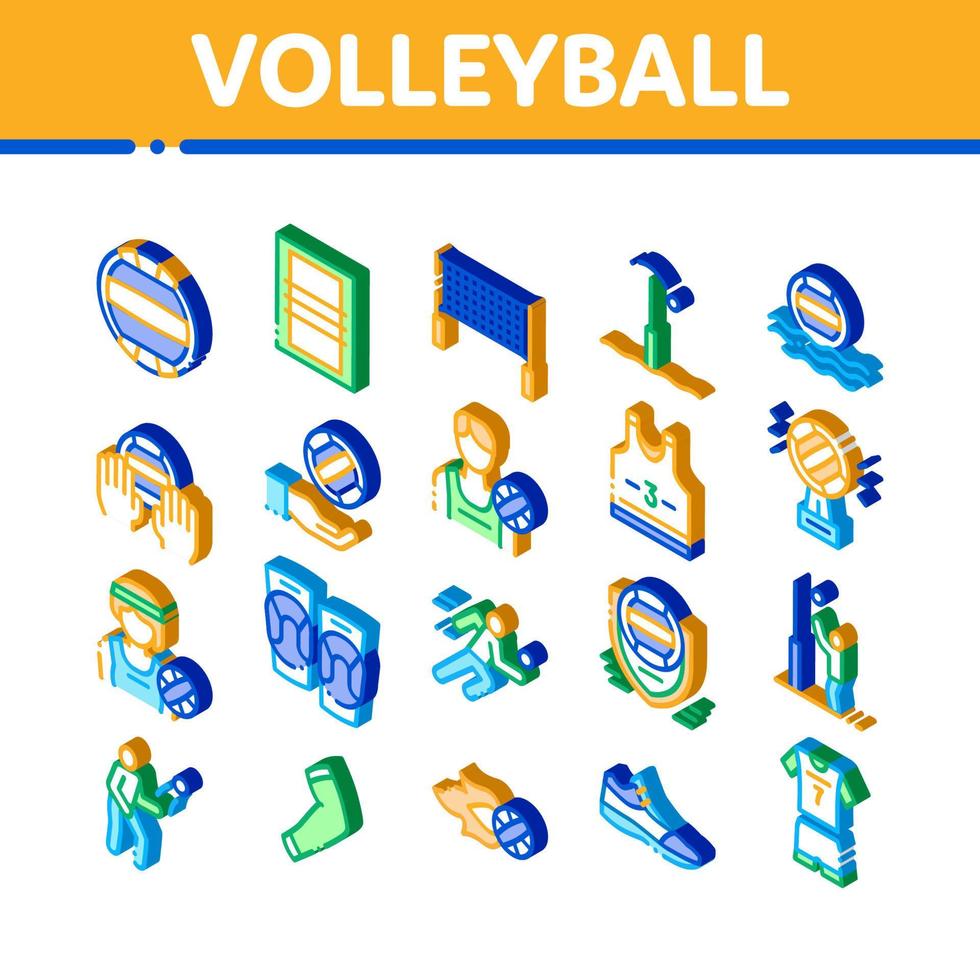volley-ball, sport, jeu, isométrique, icônes, ensemble, vecteur