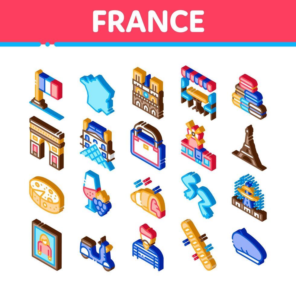 france pays voyage icônes isométriques set vector