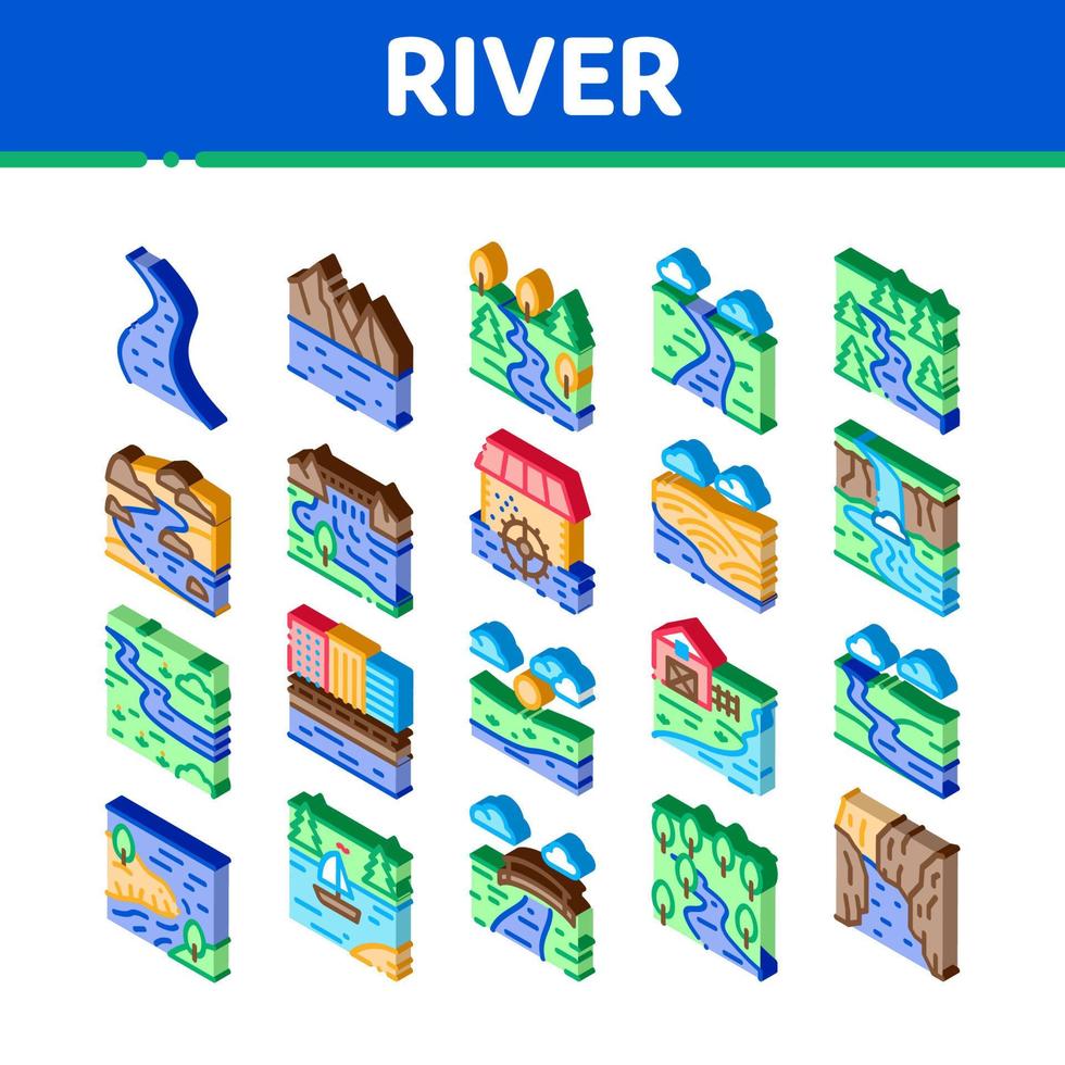 vecteur de jeu d'icônes isométriques de paysage fluvial