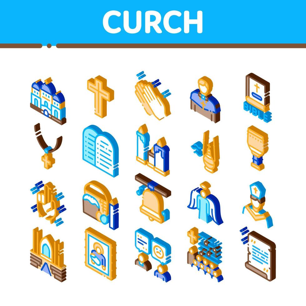 icônes isométriques du christianisme de l'église définies vecteur