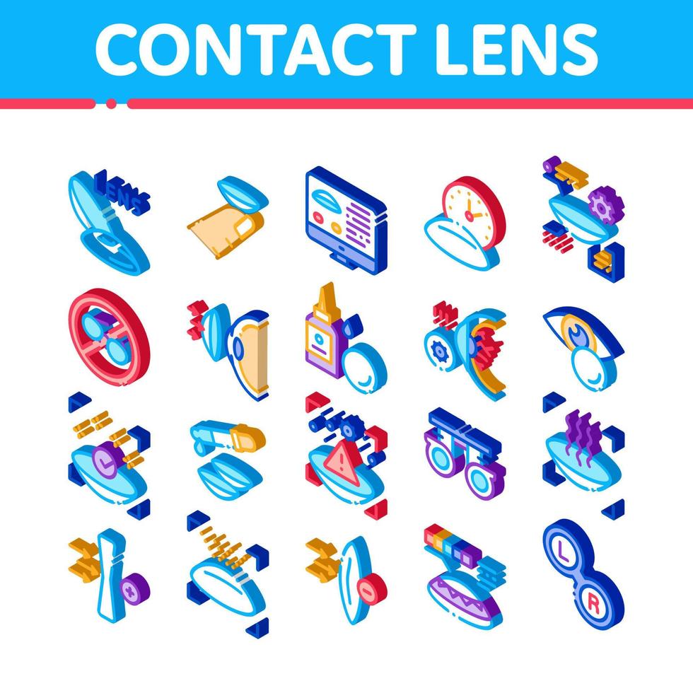 accessoire de lentille de contact icônes isométriques set vector