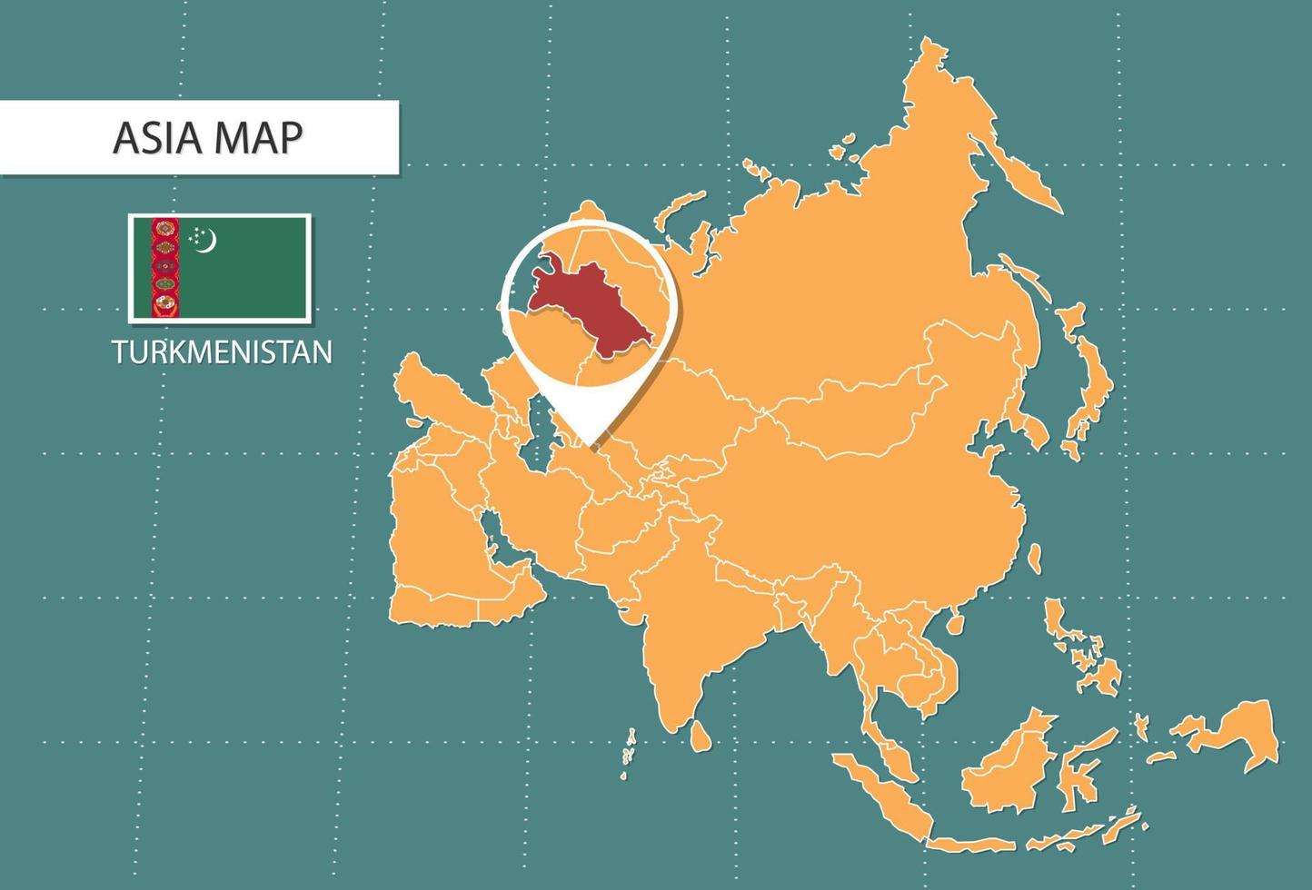 carte du turkménistan en version zoom asie, icônes indiquant l'emplacement et les drapeaux du turkménistan. vecteur