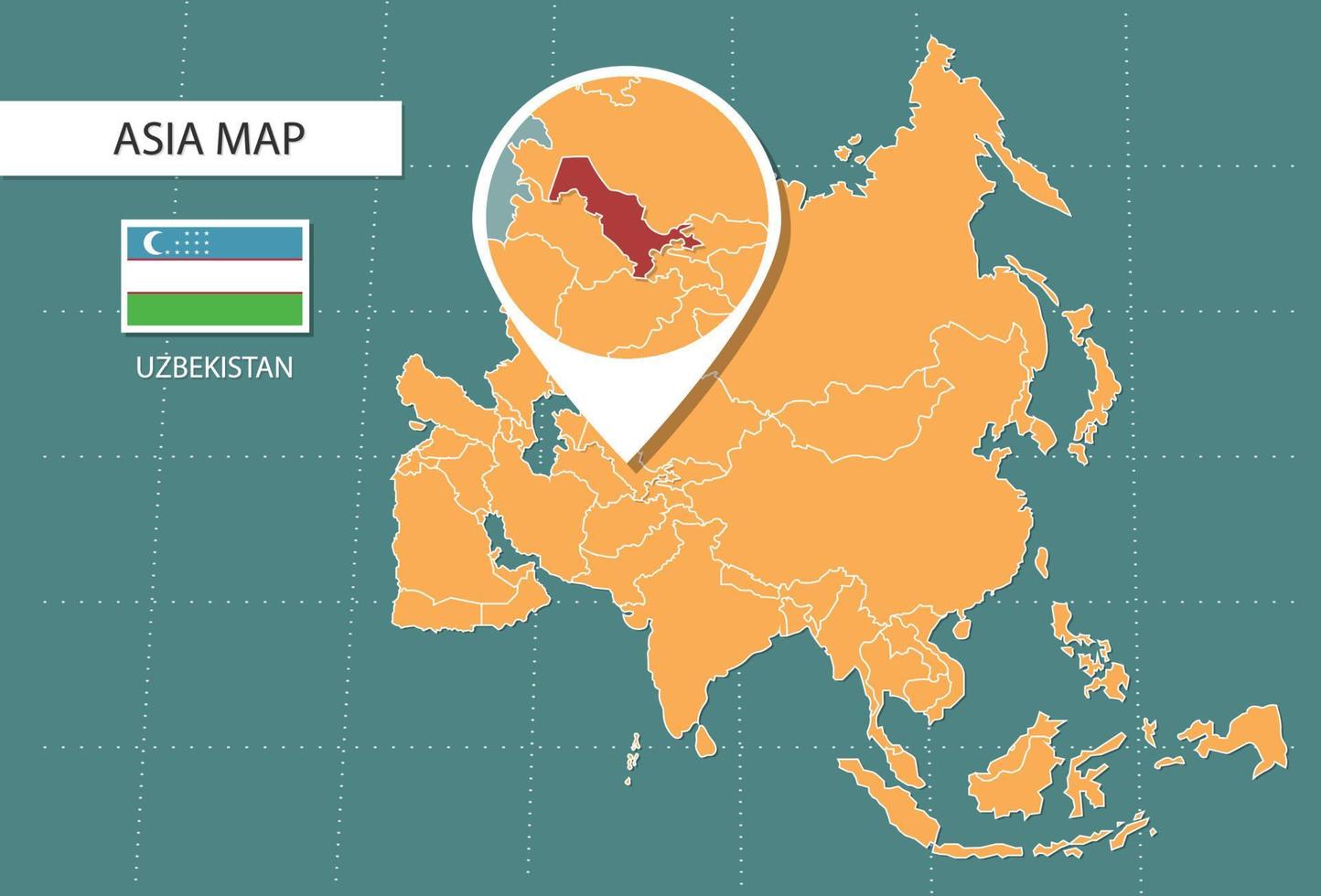 carte de l'ouzbékistan en version zoom asie, icônes indiquant l'emplacement et les drapeaux de l'ouzbékistan. vecteur