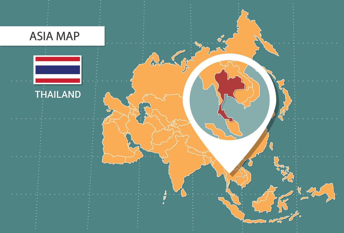 carte de la thaïlande en version zoom asie, icônes indiquant l'emplacement et les drapeaux de la thaïlande. vecteur